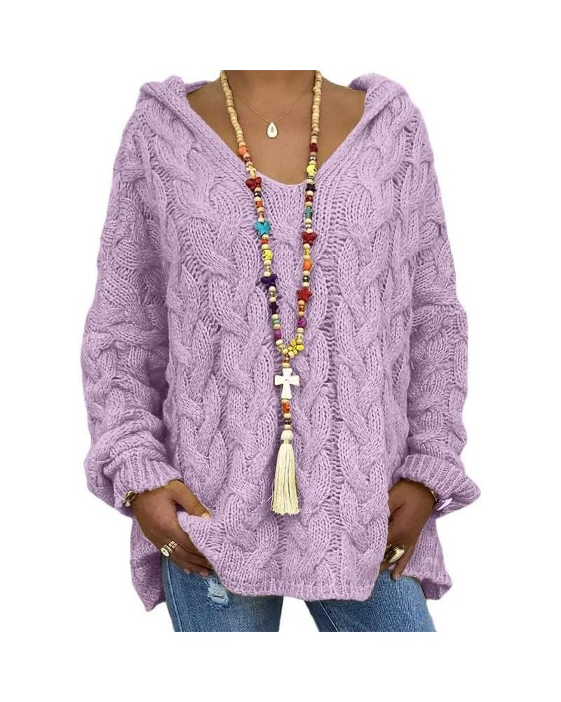 Women's Oversized Chunky Cable Knit Pullover Hooded Sweaters V Neck Long Sleeve Loose Hoodies Plus Size 15-purple1 $19.37 Act...