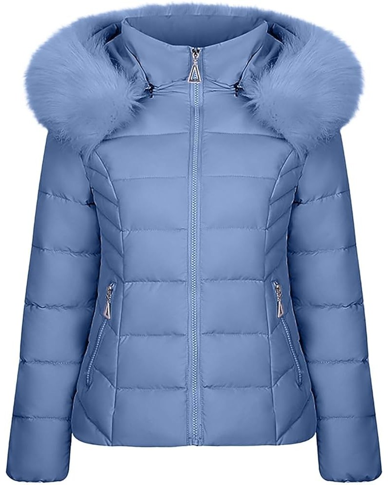 Puffer Jacket Womens Winter Coat Thicken Long Sleeve Down Jacket Thermal Heavy Coat Warm Outerwear Faux Fur Jacket B-blue Bla...