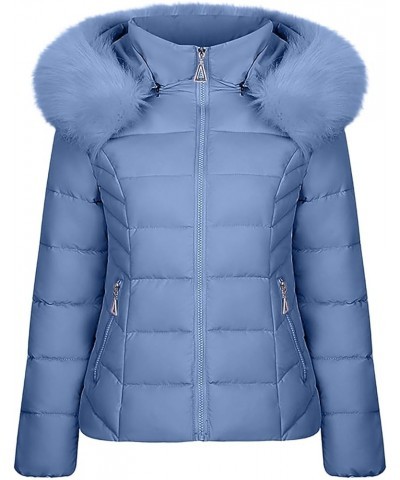 Puffer Jacket Womens Winter Coat Thicken Long Sleeve Down Jacket Thermal Heavy Coat Warm Outerwear Faux Fur Jacket B-blue Bla...