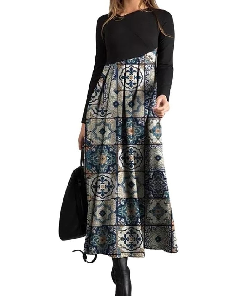 Women Vintage Ethnic Floral Printed Long Sleeve V Neck Dress Fall Winter Elegant Slim Fited High Waist A-Line Maxi Dresses Co...