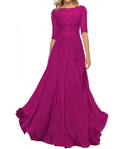 Lace Appliques Mother of The Bride Dresses with Sleeve Chiffon Formal Evening Gown for Women Fuchasia $33.00 Dresses