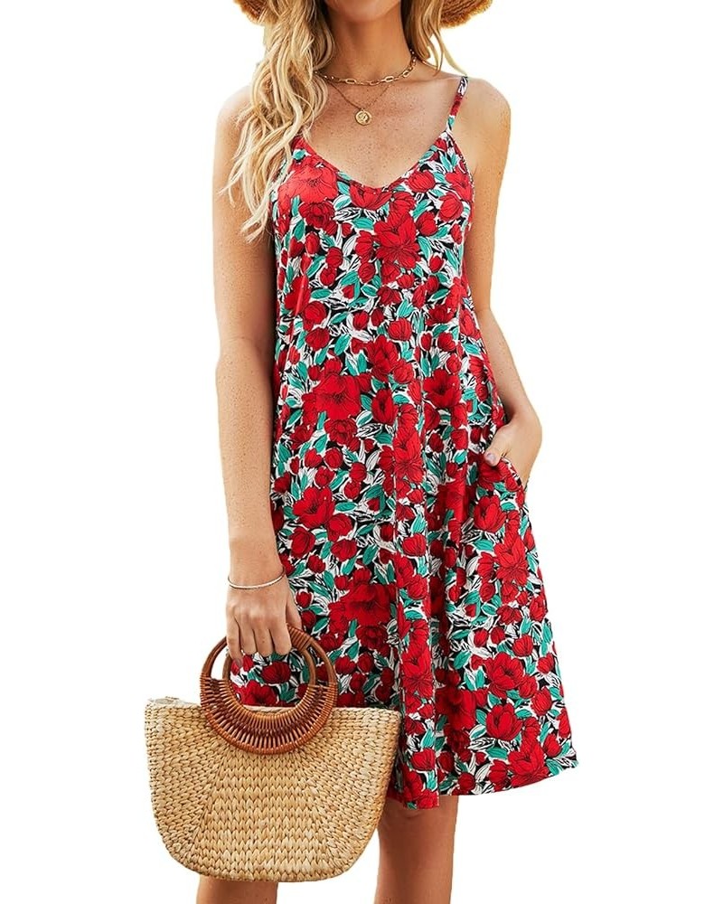 Women's Summer Casual Floral Sundress Spaghetti Strap V-Neck Sleeveless Boho Beach Cover up Mini Dress with Pockets A-red Pri...