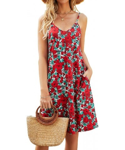 Women's Summer Casual Floral Sundress Spaghetti Strap V-Neck Sleeveless Boho Beach Cover up Mini Dress with Pockets A-red Pri...