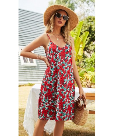 Women's Summer Casual Floral Sundress Spaghetti Strap V-Neck Sleeveless Boho Beach Cover up Mini Dress with Pockets A-red Pri...