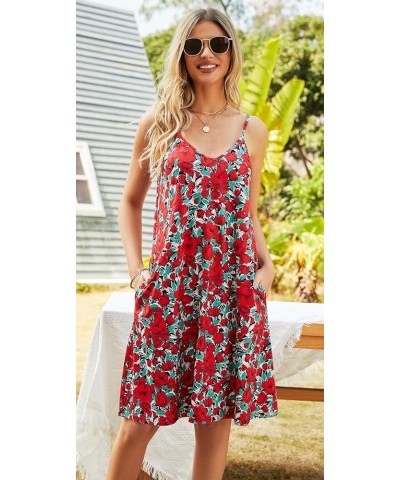 Women's Summer Casual Floral Sundress Spaghetti Strap V-Neck Sleeveless Boho Beach Cover up Mini Dress with Pockets A-red Pri...