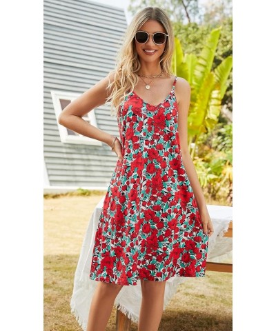 Women's Summer Casual Floral Sundress Spaghetti Strap V-Neck Sleeveless Boho Beach Cover up Mini Dress with Pockets A-red Pri...