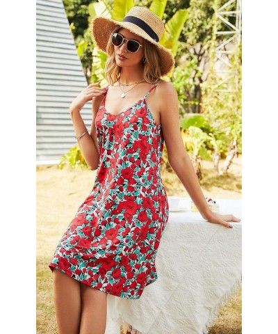 Women's Summer Casual Floral Sundress Spaghetti Strap V-Neck Sleeveless Boho Beach Cover up Mini Dress with Pockets A-red Pri...