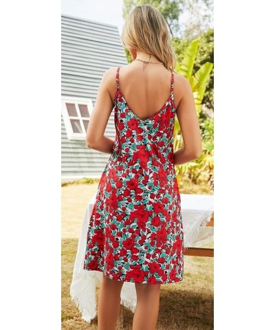 Women's Summer Casual Floral Sundress Spaghetti Strap V-Neck Sleeveless Boho Beach Cover up Mini Dress with Pockets A-red Pri...