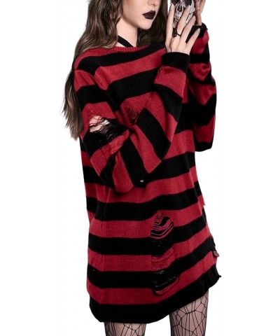 Goth Shirts for Women Ripped Y2K Sweaters Halloween Gothic Knitted Sweater Grunge Striped Distressed Blouse Red Black $18.50 ...