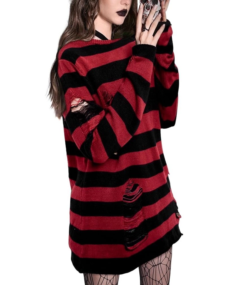 Goth Shirts for Women Ripped Y2K Sweaters Halloween Gothic Knitted Sweater Grunge Striped Distressed Blouse Red Black $18.50 ...