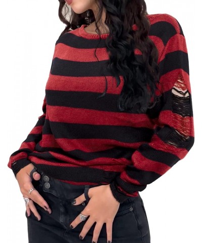 Goth Shirts for Women Ripped Y2K Sweaters Halloween Gothic Knitted Sweater Grunge Striped Distressed Blouse Red Black $18.50 ...