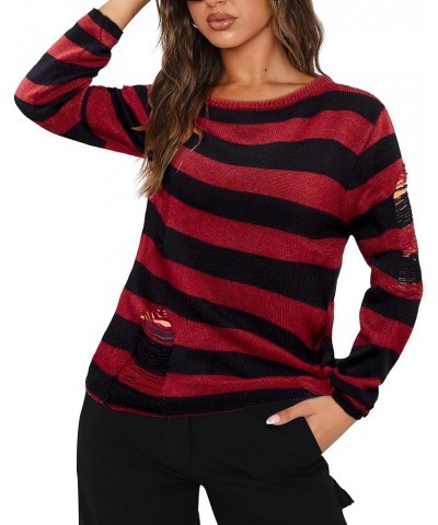 Goth Shirts for Women Ripped Y2K Sweaters Halloween Gothic Knitted Sweater Grunge Striped Distressed Blouse Red Black $18.50 ...