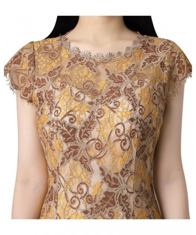 Womens Contrast Floral Lace Shift Scalloped Crew Neck Slim Cocktail Party Dress Yellow Floral Lace $30.59 Dresses