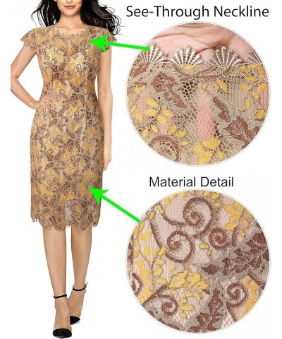 Womens Contrast Floral Lace Shift Scalloped Crew Neck Slim Cocktail Party Dress Yellow Floral Lace $30.59 Dresses