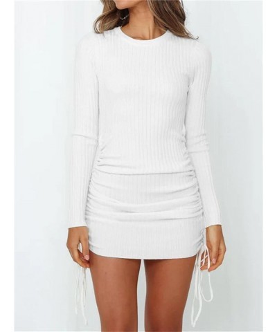 Women's Long Sleeve Mini Ribbed Knit Casual Bodycon Sexy Dress Drawstring Fall Pullover Sweater Dresses White $15.96 Dresses