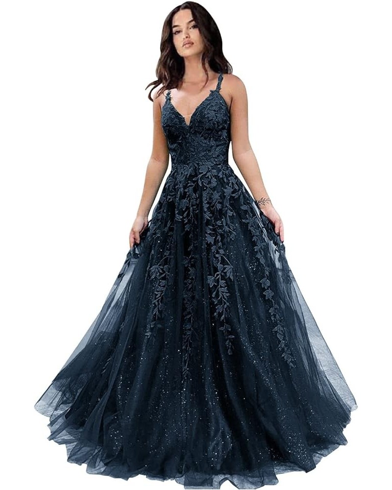 Tulle Long Ball Gowns for Women Lace Appliques Spaghetti Strap Formal Party Dress A-Line Evening Dresses Navy Blue $41.30 Dre...
