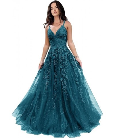 Tulle Long Ball Gowns for Women Lace Appliques Spaghetti Strap Formal Party Dress A-Line Evening Dresses Navy Blue $41.30 Dre...