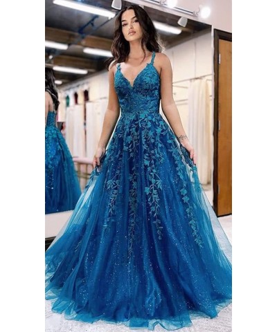 Tulle Long Ball Gowns for Women Lace Appliques Spaghetti Strap Formal Party Dress A-Line Evening Dresses Navy Blue $41.30 Dre...