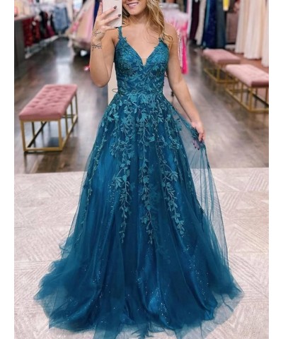 Tulle Long Ball Gowns for Women Lace Appliques Spaghetti Strap Formal Party Dress A-Line Evening Dresses Navy Blue $41.30 Dre...