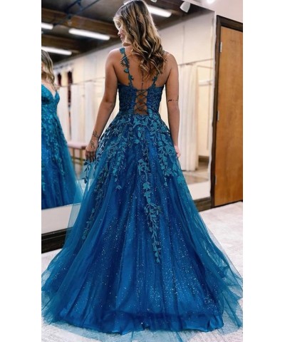 Tulle Long Ball Gowns for Women Lace Appliques Spaghetti Strap Formal Party Dress A-Line Evening Dresses Navy Blue $41.30 Dre...