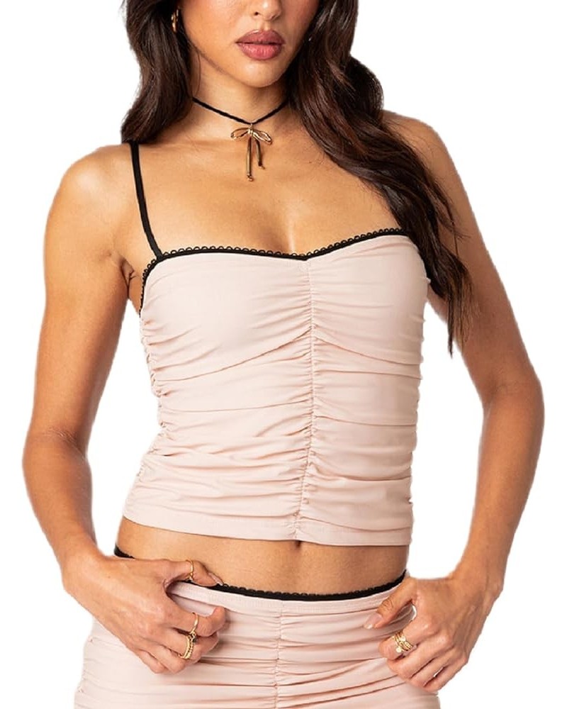 Women Y2K Sheer Mesh Camisole Lace Low Cut Ruched Tank Top See Through Slim Fit Crop Cami Sexy Going Out Top C-nude Pink One ...