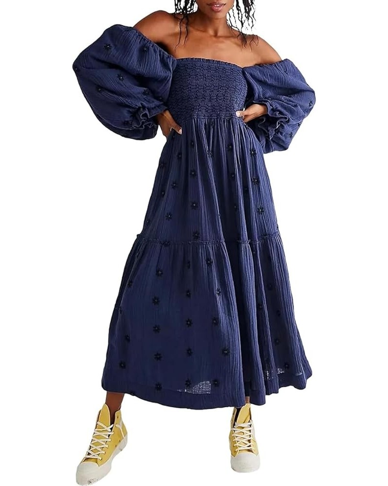 Women Floral Embroidered Maxi Dress Long Puff Sleeve Square Neck Bohemian Flowy Dress with Pockets Smocked Fall Dress Navy Bl...
