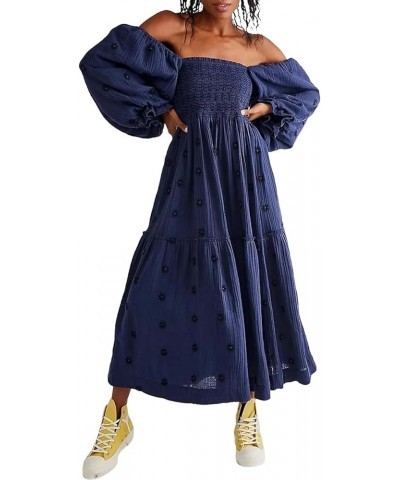 Women Floral Embroidered Maxi Dress Long Puff Sleeve Square Neck Bohemian Flowy Dress with Pockets Smocked Fall Dress Navy Bl...