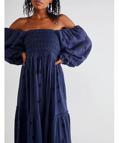 Women Floral Embroidered Maxi Dress Long Puff Sleeve Square Neck Bohemian Flowy Dress with Pockets Smocked Fall Dress Navy Bl...