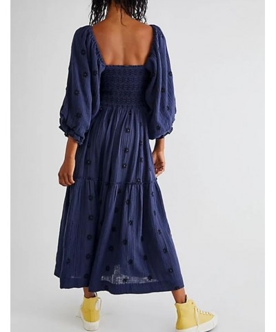 Women Floral Embroidered Maxi Dress Long Puff Sleeve Square Neck Bohemian Flowy Dress with Pockets Smocked Fall Dress Navy Bl...