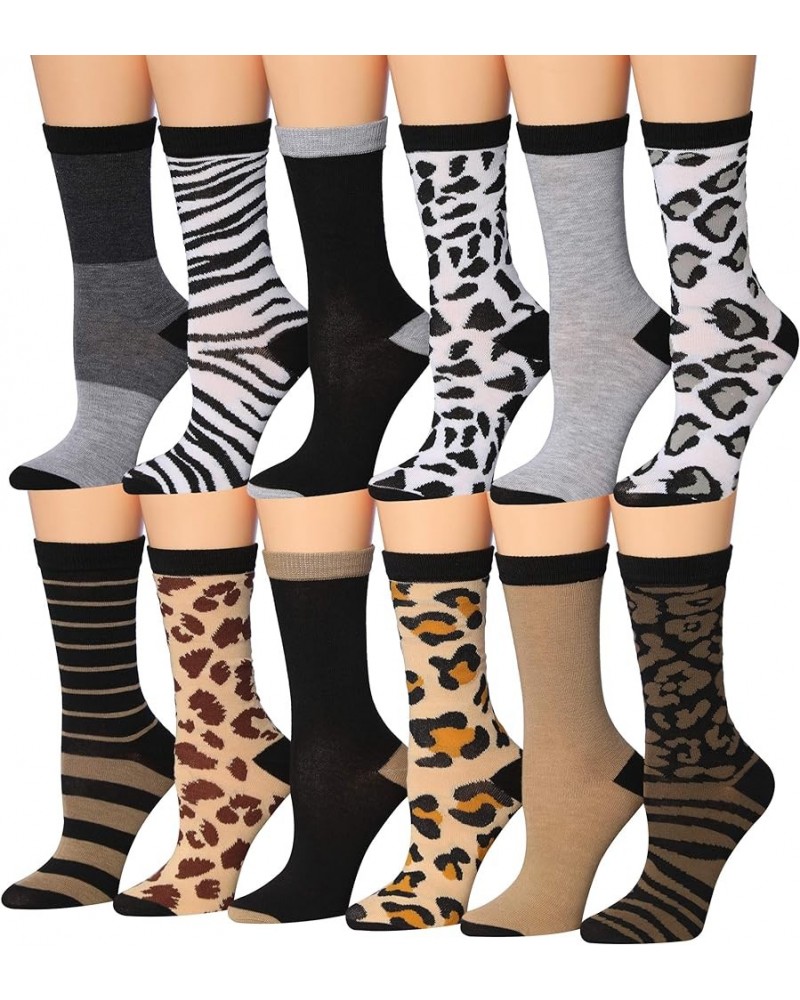 Women's 12 Pairs Lightweight Colorful Patterned Crew Socks Available In Sizes Blk/Wht & Brown Animal Print $11.25 Socks
