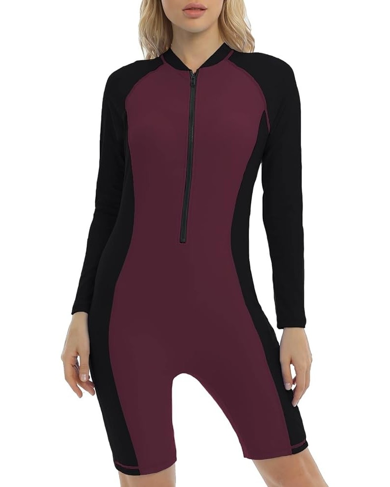 Womens Boyleg One Piece Rashguard Padded Swimsuit UPF 50 Front Zip Surf Wetsuit Burgundy/Black $21.56 Swimsuits