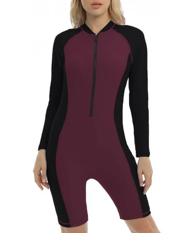 Womens Boyleg One Piece Rashguard Padded Swimsuit UPF 50 Front Zip Surf Wetsuit Burgundy/Black $21.56 Swimsuits