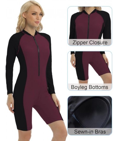 Womens Boyleg One Piece Rashguard Padded Swimsuit UPF 50 Front Zip Surf Wetsuit Burgundy/Black $21.56 Swimsuits