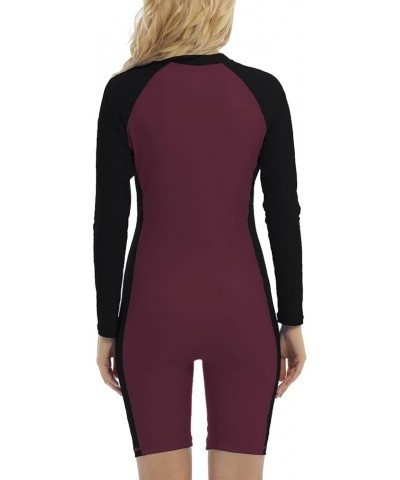 Womens Boyleg One Piece Rashguard Padded Swimsuit UPF 50 Front Zip Surf Wetsuit Burgundy/Black $21.56 Swimsuits