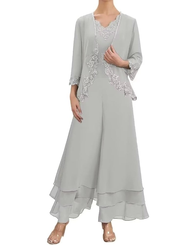 Chiffon Mother of The Bride Pant Suits for Women Dressy Wedding Guest Dresses with Jackets Silver $33.14 Dresses