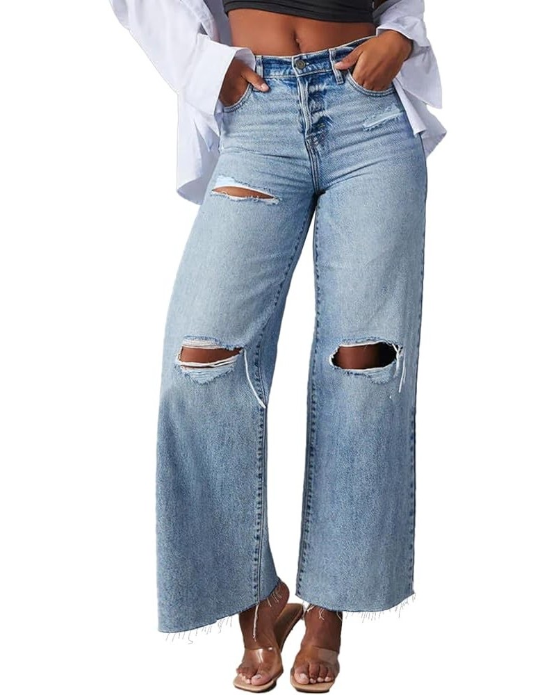 Women's High Waisted Straight Wide Leg Ripped Jeans Frayed Hem Stretchy Capri Denim Pants Blue-sky $23.00 Jeans