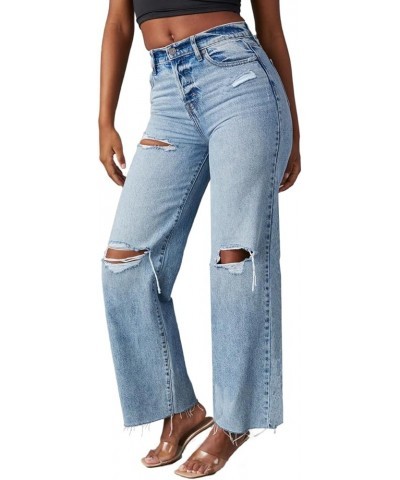 Women's High Waisted Straight Wide Leg Ripped Jeans Frayed Hem Stretchy Capri Denim Pants Blue-sky $23.00 Jeans