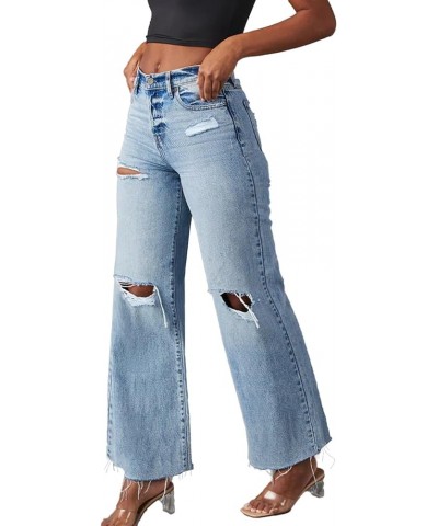 Women's High Waisted Straight Wide Leg Ripped Jeans Frayed Hem Stretchy Capri Denim Pants Blue-sky $23.00 Jeans