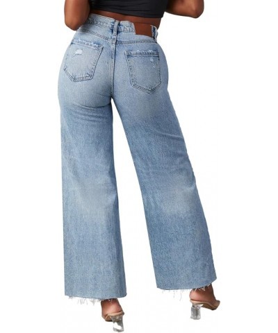 Women's High Waisted Straight Wide Leg Ripped Jeans Frayed Hem Stretchy Capri Denim Pants Blue-sky $23.00 Jeans