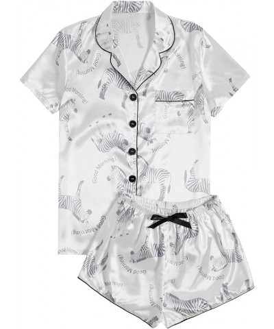 Women's Sleepwear Satin Short Sleeve Button Shirt and Shorts Pajama Set White Bow $14.21 Sleep & Lounge