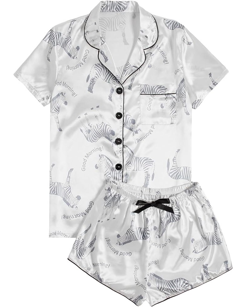 Women's Sleepwear Satin Short Sleeve Button Shirt and Shorts Pajama Set White Bow $14.21 Sleep & Lounge