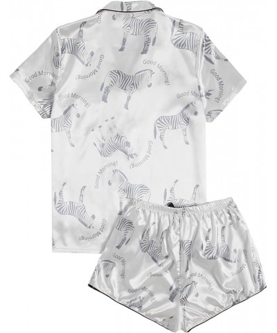 Women's Sleepwear Satin Short Sleeve Button Shirt and Shorts Pajama Set White Bow $14.21 Sleep & Lounge