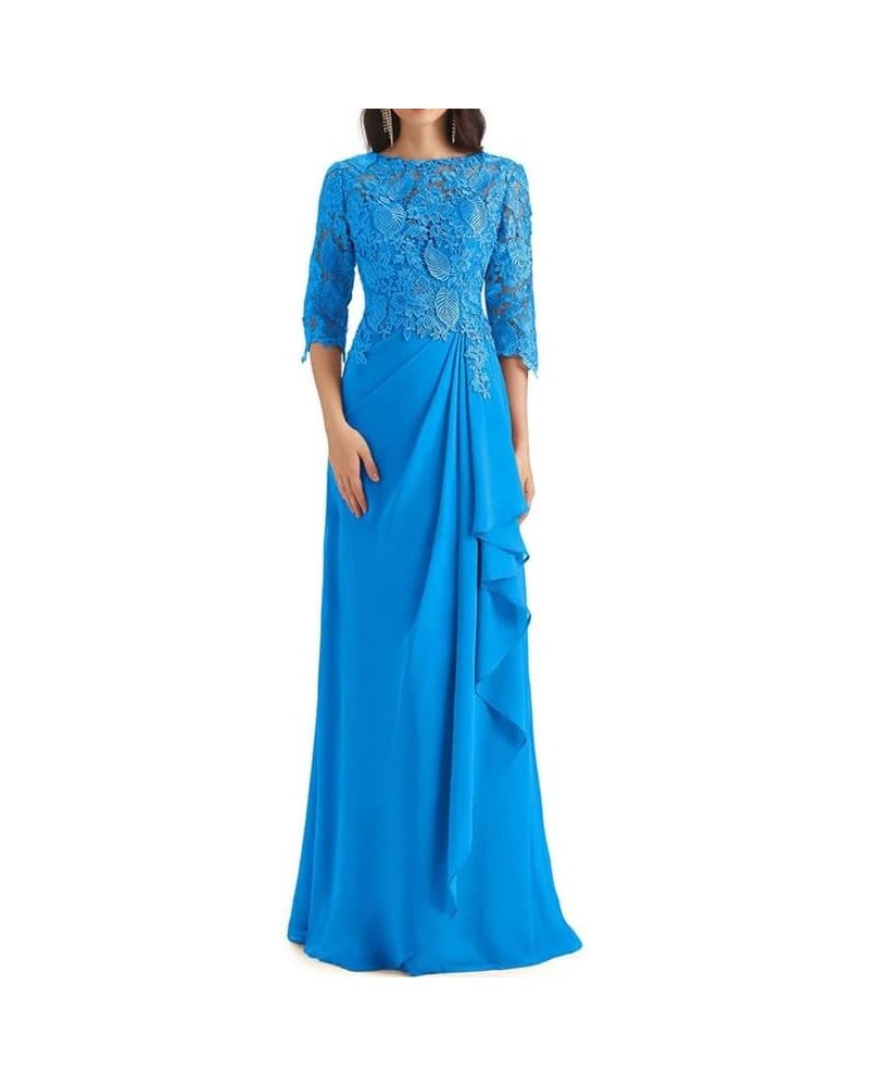 Lace Mother of The Bride Dress with Sleeves Chiffon Ruffles Long Evening Formal Gown for Wedding Scoop Neck Ocean Blue $31.50...
