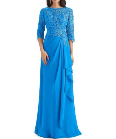 Lace Mother of The Bride Dress with Sleeves Chiffon Ruffles Long Evening Formal Gown for Wedding Scoop Neck Ocean Blue $31.50...