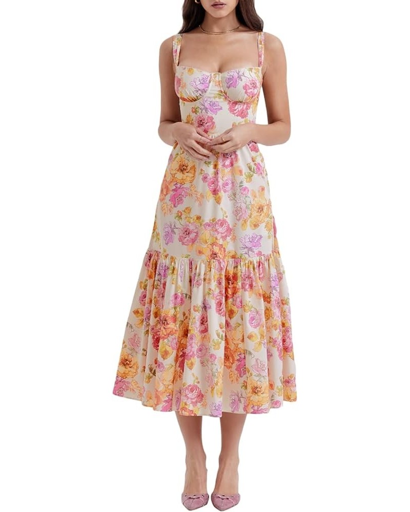 Boho Maxi Dress for Women Vintage Floral Square Neck Long Dress Cottagecore Dress Formal D-yellow $12.95 Dresses