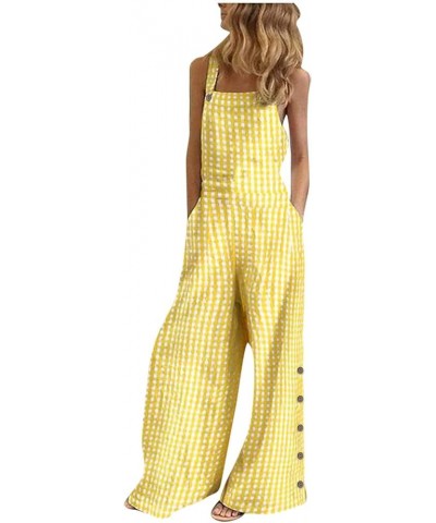 Women's Casual Baggy Overalls Plaid Jumpsuit Sleeveless Summer Lattice Printed Wide Leg Bootcut Pocketed Pants Romper Yellow ...