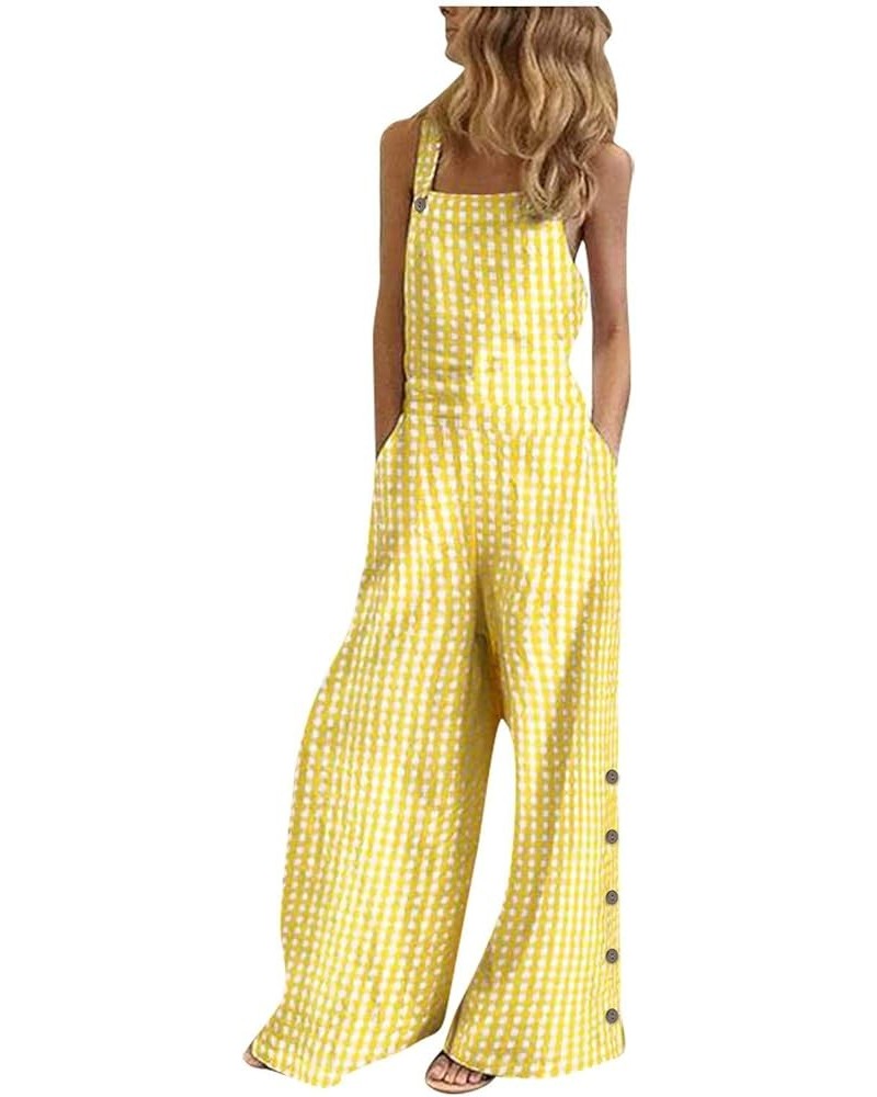 Women's Casual Baggy Overalls Plaid Jumpsuit Sleeveless Summer Lattice Printed Wide Leg Bootcut Pocketed Pants Romper Yellow ...