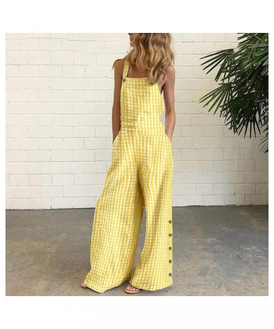 Women's Casual Baggy Overalls Plaid Jumpsuit Sleeveless Summer Lattice Printed Wide Leg Bootcut Pocketed Pants Romper Yellow ...