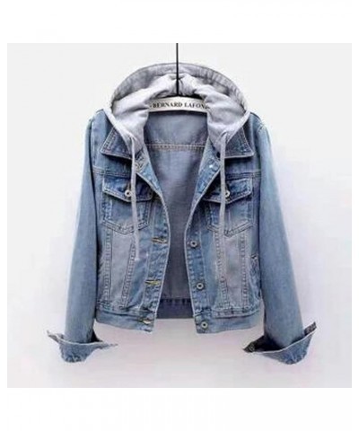 Women's Casual Jean Buttons Denim Jackets Winter Plush Hoodie Jacket Vintage Button Down Drawstring Coat With Pocket D_dark G...