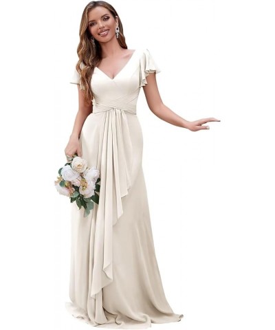 Women's V Neck Bridesmaid Dresses for Women 2024 Short Sleeves Chiffon Long A Line Wedding Evening Gown with Pockets Ivory $2...